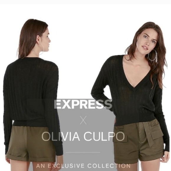 EXPRESS x OLIVIA CULPO Collab Black V-neck Ribbed Lightweight Sweater - Picture 2 of 13